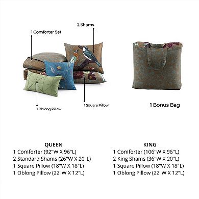 Bebejan Birds on Chocolate Brown 100% Cotton Sateen 5 Piece Reversible Comforter Set