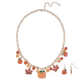 Enamel Leaf and Bead Accents Pumpkin Pendant Necklace and Earrings Set