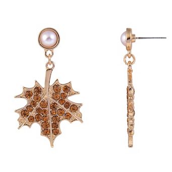 Gold Tone Orange Pave Stone Accented Leaf Drop Earrings