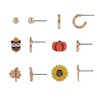 Gold Tone Stud, Owl, Leaf, Hoop, Pumpkin and Sunflower Earrings Set