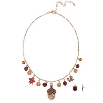 Enamel Acorn, Leaf, Squirrel Bead Accented Pendant Necklace and Earring Set