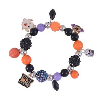 Silver Tone Beaded Stretch Bracelet with Trick or Treat, Ghost and Bat Charms