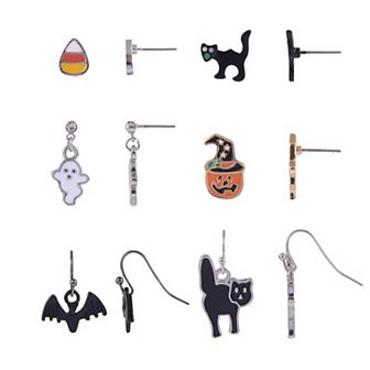 Silver Tone 6-Pair Cats, Ghost & Candy Corn Earring Set