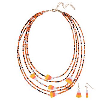 Gold Tone Multi Row Seedbead Candy Corn Necklace and Drop Earring Set