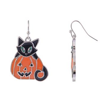 Silver Tone Enamel Cat and Pumpkin Drop Earrings