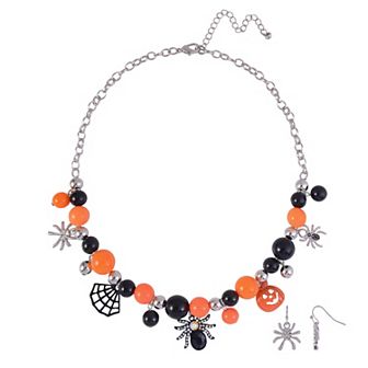 Silver Tone Spider Pendant Necklace and Drop Earring Set