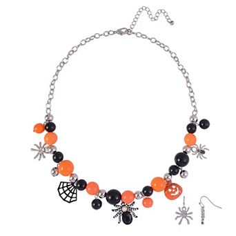 Silver Tone Spider Pendant Necklace and Drop Earring Set