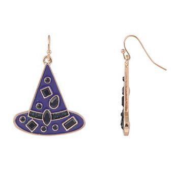 Gold Tone Purple Enamel Witch Hat Earrings