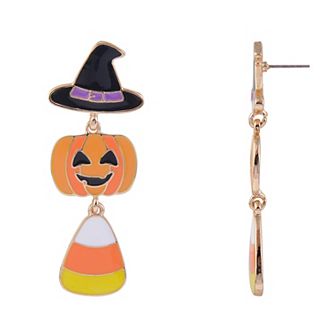Gold Tone Linear Witch Hat, Jack O Lantern and Candy Corn Drop Earrings