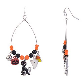 Silver Tone Jack-O-Lantern, Cat, Ghost & Candy Corn Charm Teardrop Earrings
