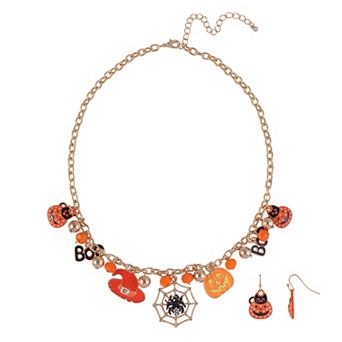Gold Tone Halloween Charm Necklace & Drop Earring Set