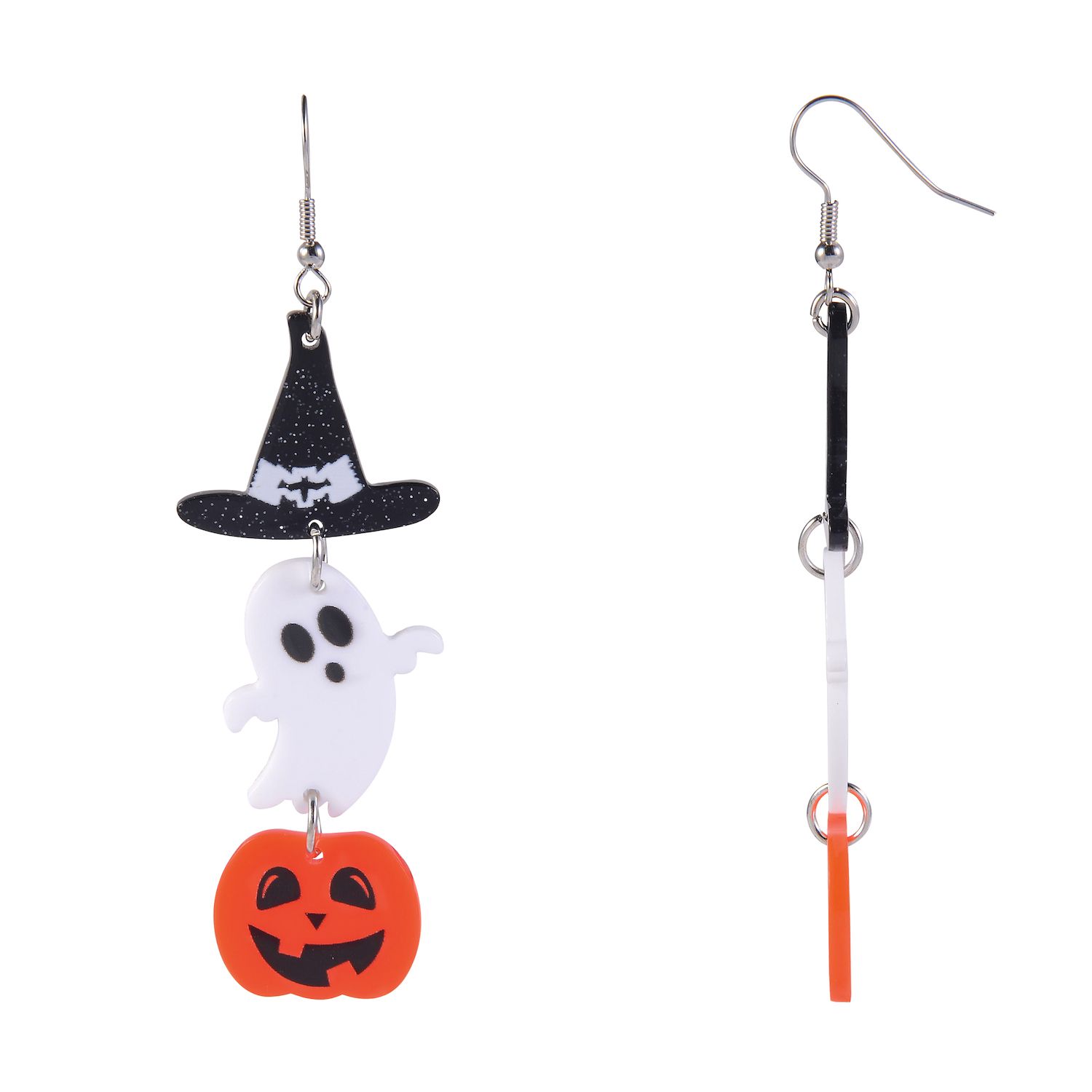 Silver Tone Witch Hat, Ghost & Jack O Lantern Drop Earrings - Orange