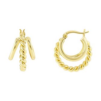 PRIMROSE 14k Gold Flash Plated Rope & Polished Triple Row Hoop Earrings