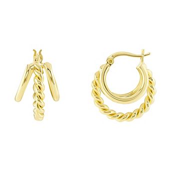 PRIMROSE 14k Gold Flash Plated Rope & Polished Triple Row Hoop Earrings