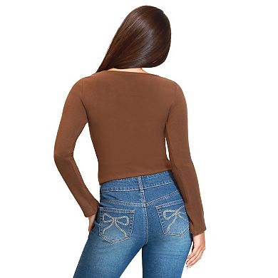 Juniors' madden girl Front Ruch Lettuce Edge Long Bell Sleeve Top