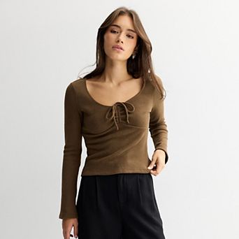 Juniors' madden girl Front Ruch Lettuce Edge Long Bell Sleeve Top