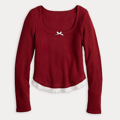 Juniors' madden girl Long Sleeve Scoop Neck Top with Ruffle Hem & Bow Trim