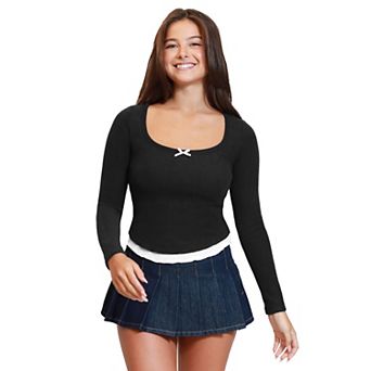 Juniors' madden girl Long Sleeve Scoop Neck Top with Ruffle Hem & Bow Trim