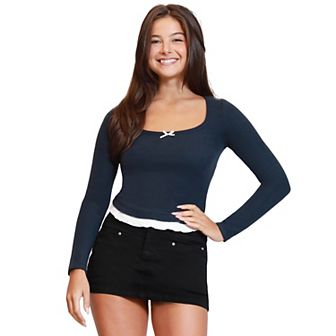 Juniors' madden girl Long Sleeve Scoop Neck Top with Ruffle Hem & Bow Trim