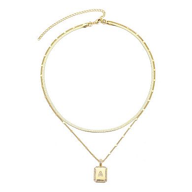 Adornia 14k Gold Plated Pave Initial Dogtag Pendant Necklace Set