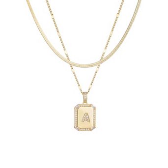 Adornia 14k Gold Plated Pave Initial Dogtag Pendant Necklace Set