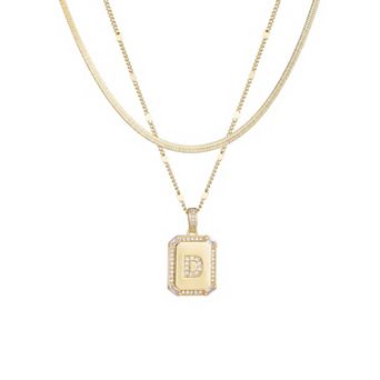 Adornia 14k Gold Plated Pave Initial Dogtag Pendant Necklace Set