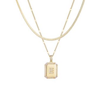 Adornia 14k Gold Plated Pave Initial Dogtag Pendant Necklace Set