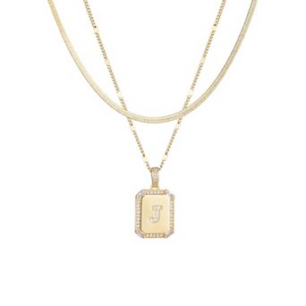 Adornia 14k Gold Plated Pave Initial Dogtag Pendant Necklace Set