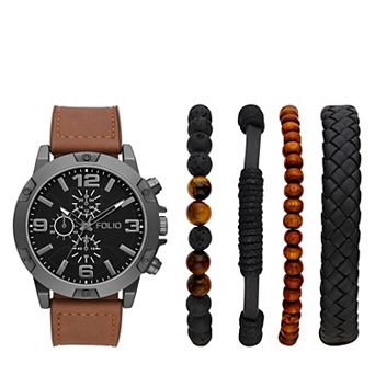 Folio Men's Chronograph Brown Strap Watch & Bracelet Set - FMDKSET509