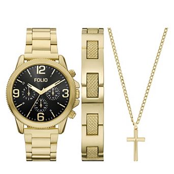 Folio Men's Chronograph Bracelet Watch, Bracelet & Cross Pendant Necklace Set