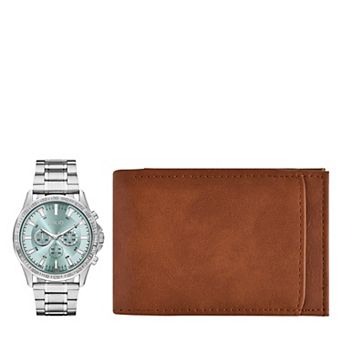 Folio Men's Silver Tone Bracelet Watch & Brown Wallet Set
