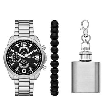 Folio Men's Chronograph Bracelet Watch, Bracelet & Mini Flask Keychain Set