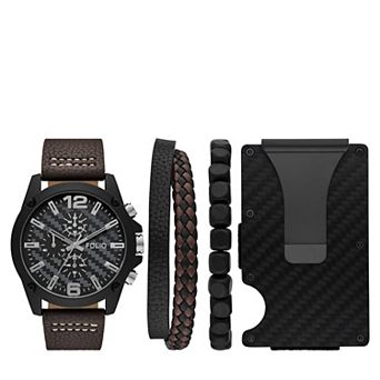 Folio Men's Chronograph Leather Strap Watch, Bracelets & Wallet Set