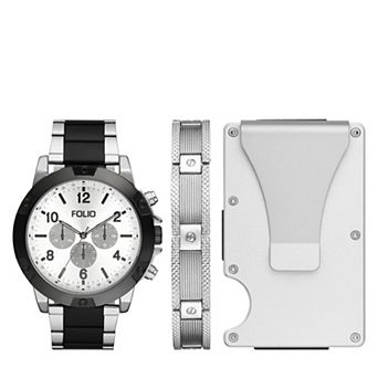 Folio Men's Silver Tone Bracelet Watch, Bracelet & Wallet Set
