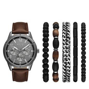 Folio Men's Chronograph Brown Leather Strap Watch & Bracelets Set