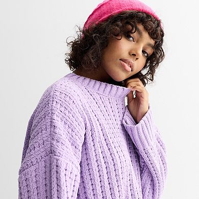 Juniors' Pink Republic Long Sleeve Drop Shoulder Crewneck Sweater
