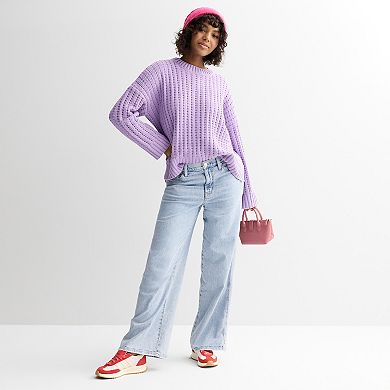 Juniors' Pink Republic Long Sleeve Drop Shoulder Crewneck Sweater