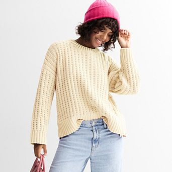 Juniors' Pink Republic Long Sleeve Drop Shoulder Crewneck Sweater