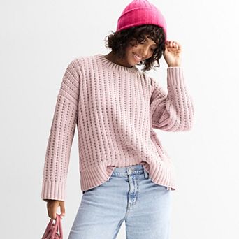 Juniors' Pink Republic Long Sleeve Drop Shoulder Crewneck Sweater