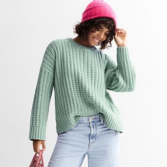 Juniors' Pink Republic Long Sleeve Drop Shoulder Crewneck Sweater