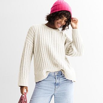 Juniors' Pink Republic Long Sleeve Drop Shoulder Crewneck Sweater