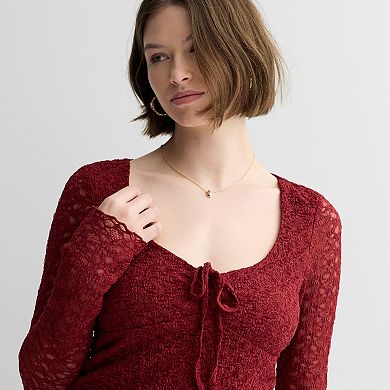 Juniors' madden girl Long Mini Flare Sleeve Cinched Neck Lace Top