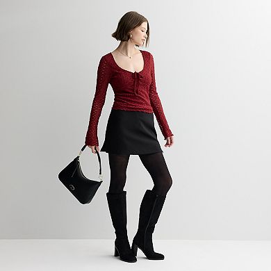 Juniors' madden girl Long Mini Flare Sleeve Cinched Neck Lace Top