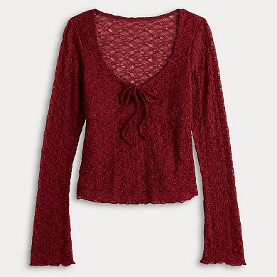Juniors' madden girl Long Mini Flare Sleeve Cinched Neck Lace Top