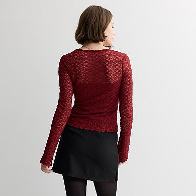 Juniors' madden girl Long Mini Flare Sleeve Cinched Neck Lace Top