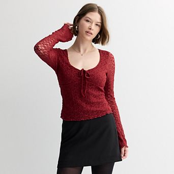 Juniors' madden girl Long Mini Flare Sleeve Cinched Neck Lace Top