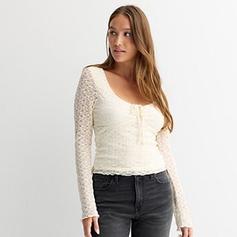 Juniors' madden girl Long Mini Flare Sleeve Cinched Neck Lace Top