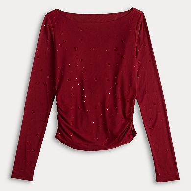 Juniors' madden girl Front Ruch Long Sleeve Bell Sleeve Lettuce Edge Top