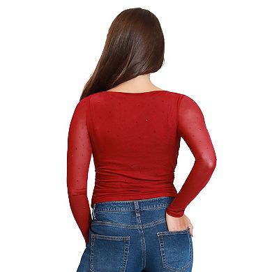 Juniors' madden girl Front Ruch Long Sleeve Bell Sleeve Lettuce Edge Top