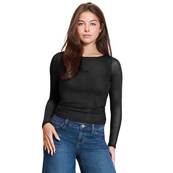 Juniors' madden girl Front Ruch Long Sleeve Bell Sleeve Lettuce Edge Top